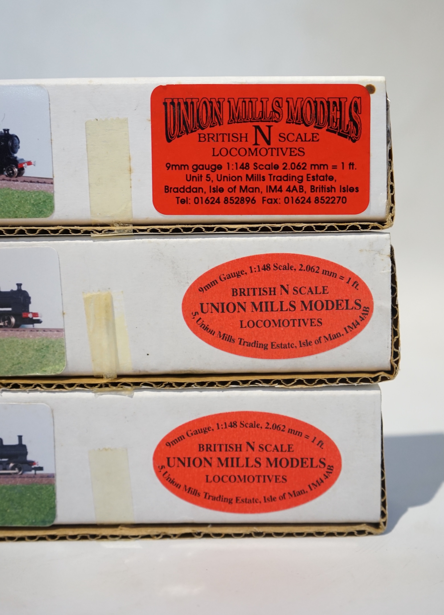 Three boxed Union Mills Models N gauge railway LNER locomotives; a Class B12, 1565, a Class Q2, 3359, and a Class J25, 5650. Condition - good.